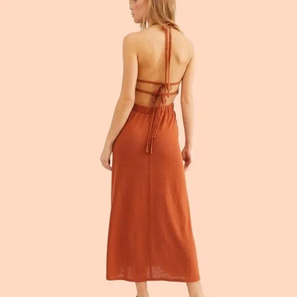 Free People Women's Burnt Orange Halter Tie Back Dress - Picture 2 of 6